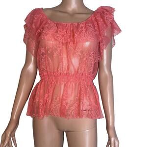 DOTS Blouse top lace semi see through ruffle top coral orange/pink Boho SZ L